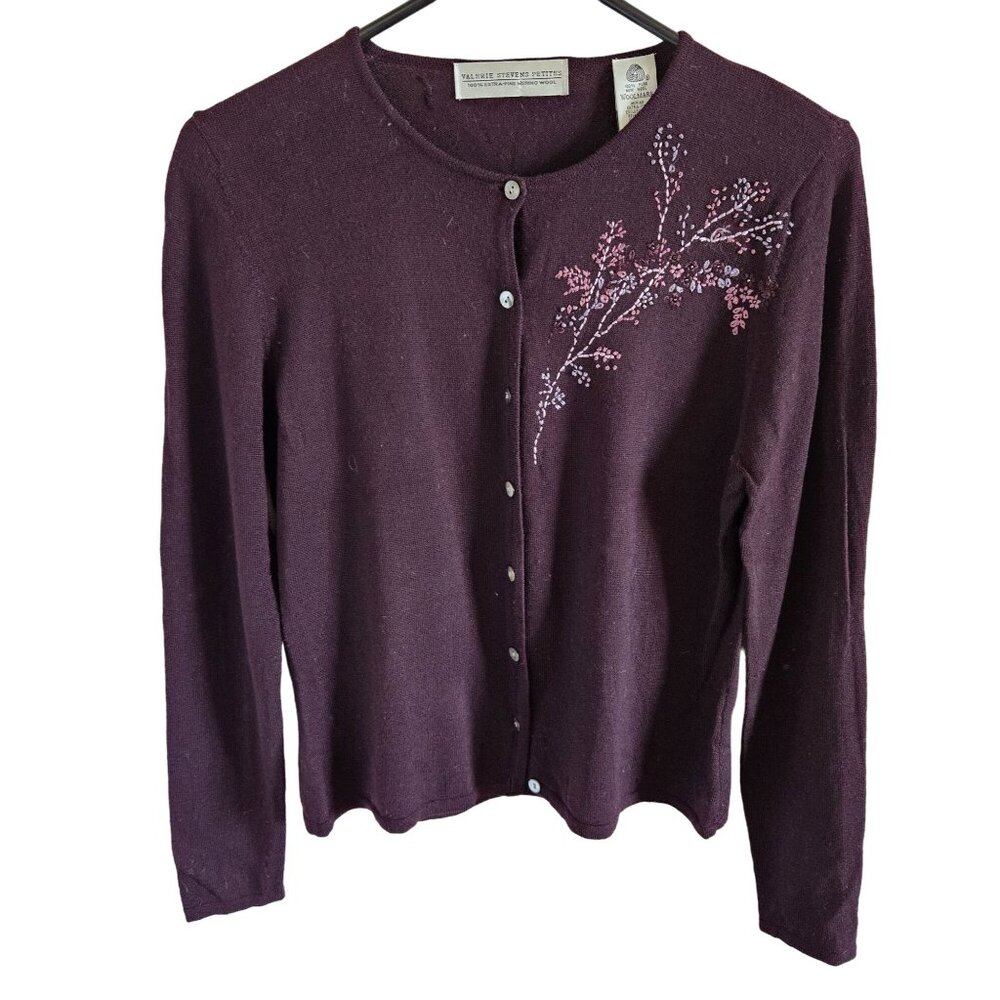 Valarie Stevens Woman Size L Petite Merino Wool Embroidered Cardigan Classic